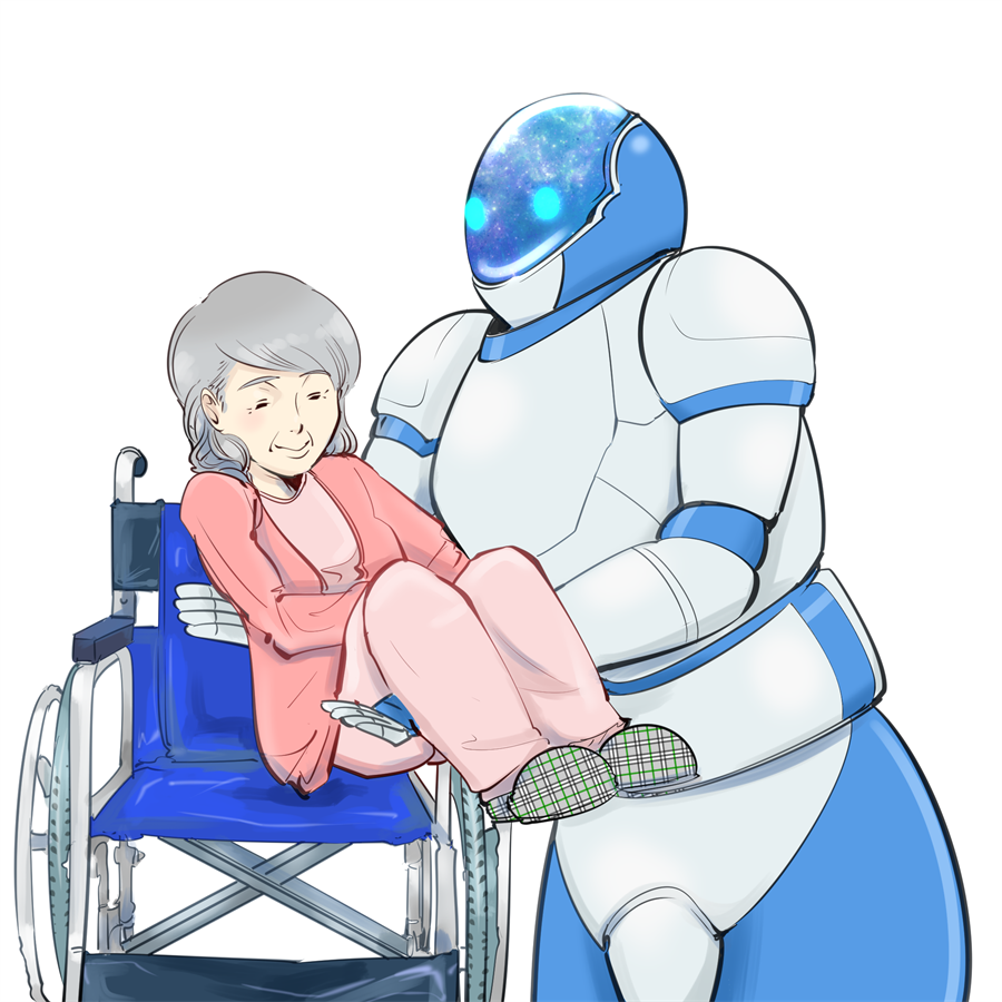 車椅子に女性を乗せる介護ロボット。シニア時代。